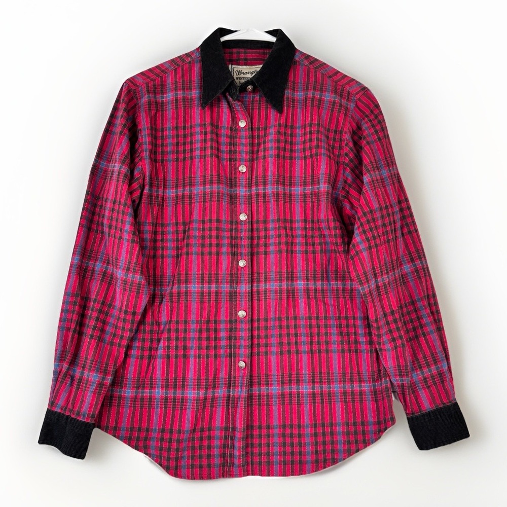Wrangler Western Wear Womens M Medium Red Plaid Long Sleeve Corduroy Collar Cuff